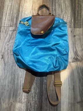 LONGCHAMPTurquoise Nylon Backpack with Brown Leather Flap - Classic Everyday Bag